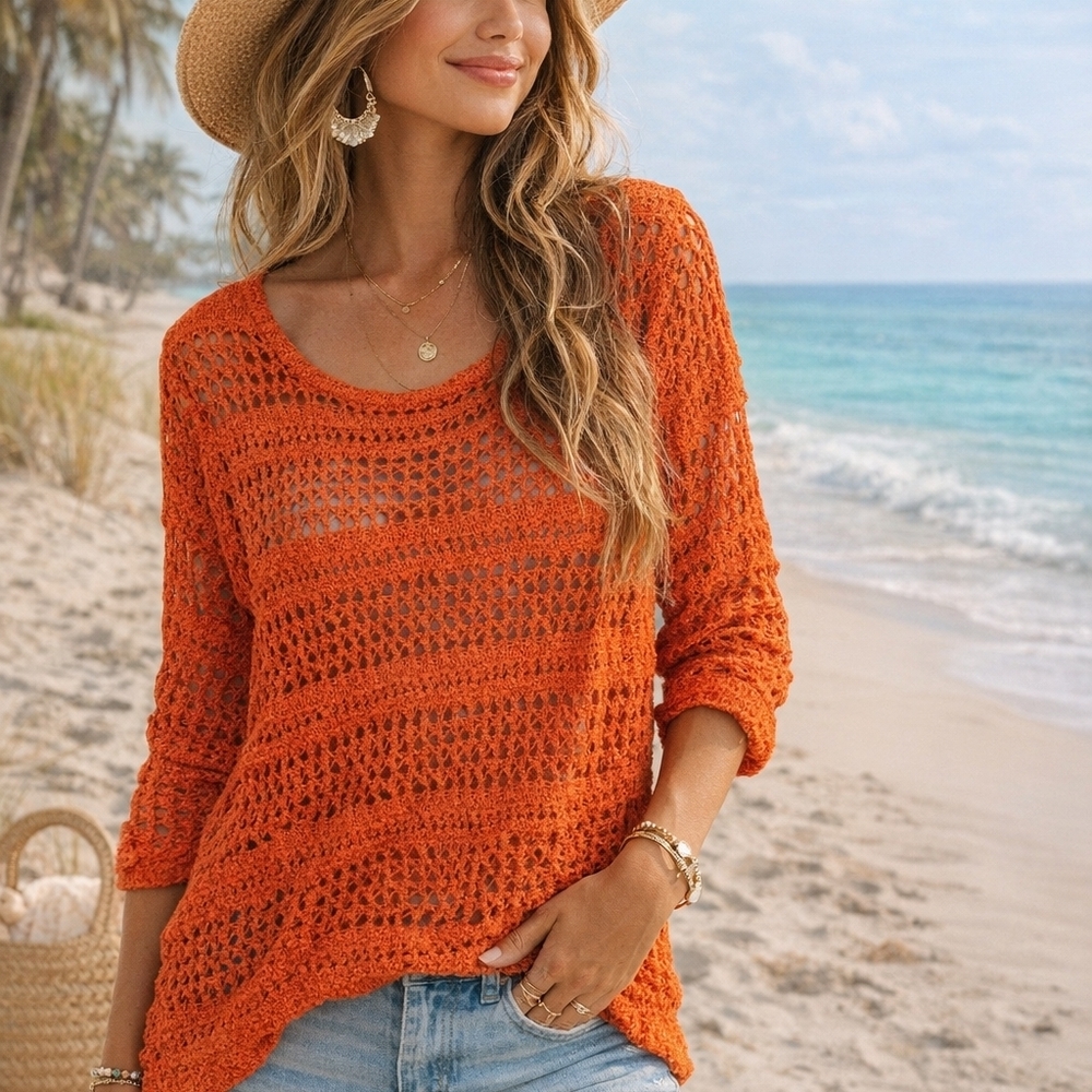United States Sweaters Rust Orange Open Knit Crochet Pullover Top – Size Small